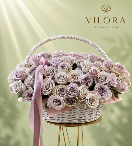 Basket with purple roses