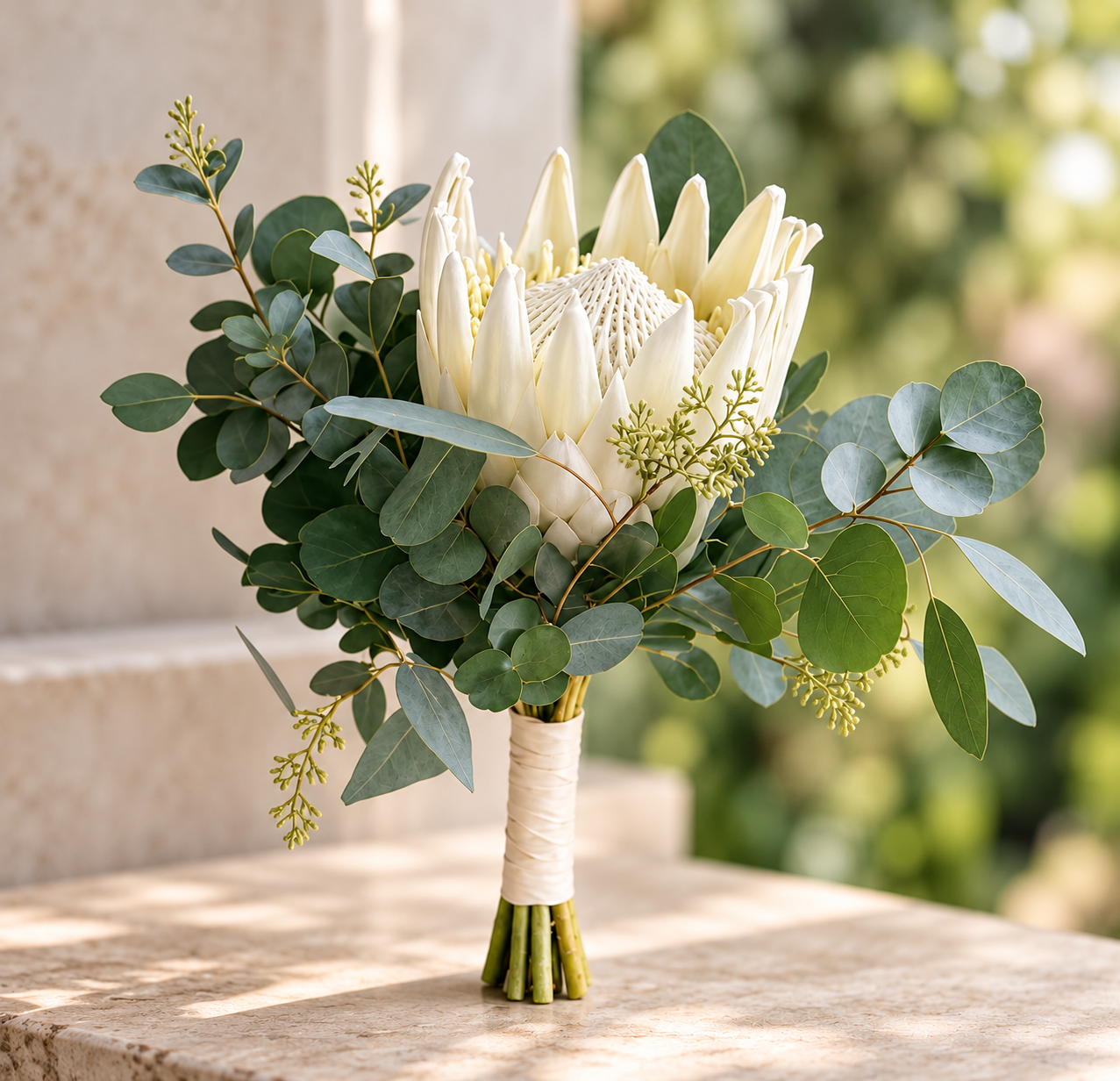 White Protea Bridal Bouquet باقة العروس من زهور البروتيا البيضاء