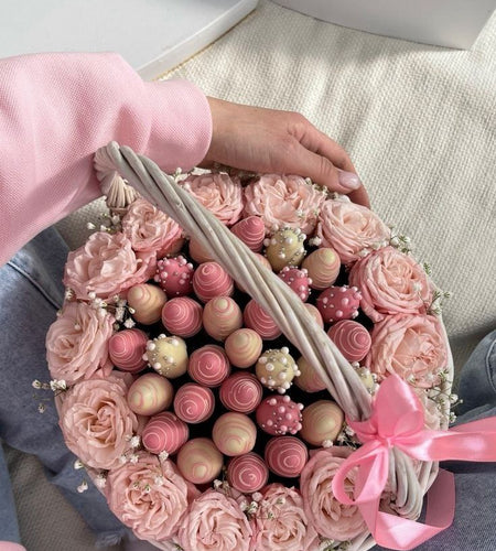 Chocolate-covered strawberries in a basket