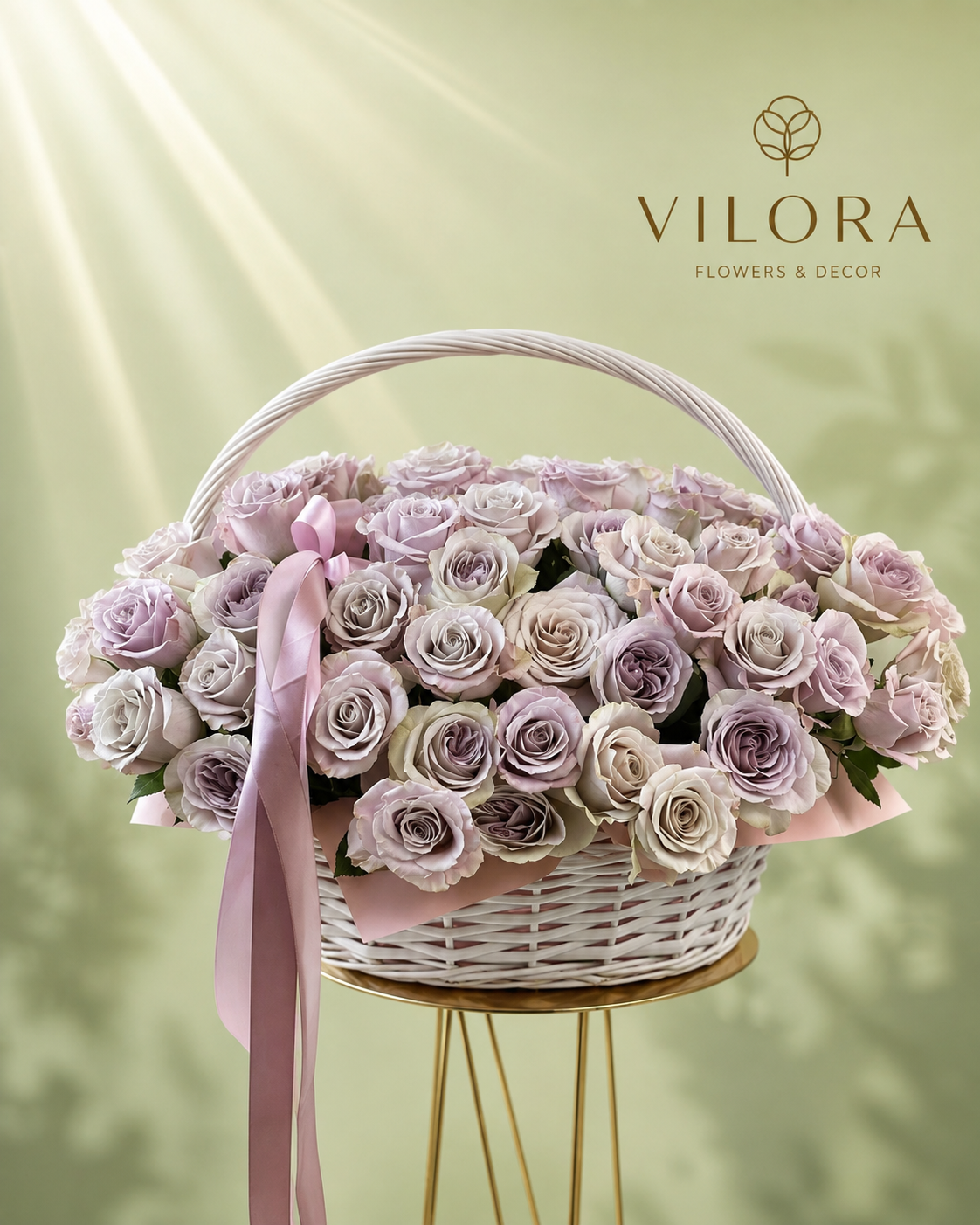 Basket with purple roses